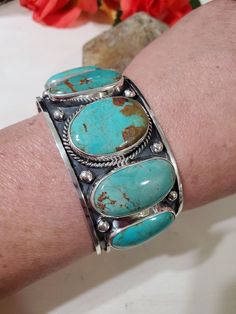 "*86 Grams Blue turquoise cuff  *Sterling Silver  *Free Shipping  *Handcrafted In USA *Cuff 6\" end to end . Opening 1\"-1 1/4\" Will fit wrist 7 to 7 1/2\" perfect. *Jewelry ship in Gift box  *Ready to ship  All components are solid .925 silver.  Thank You For Your Looking ,And Check Out More Items In My Etsy Shop For More Great Deals, Also We Add More  Jewelry To Etsy Shop Regularly  https://www.etsy.com/shop/ABQdesign" Luxury Unique Turquoise Cuff Bracelet, Luxury Turquoise Cuff Bracelet, Luxury Southwestern Kingman Turquoise Cuff Bracelet, White Buffalo Turquoise Jewelry, Silver Things, Santa Fe Jewelry, Native American Jewellery, Turquoise Jewelry Set, Turquoise Jewellery