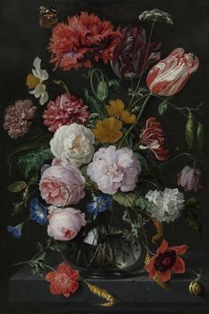 a painting of flowers in a vase on a black tablecloth with other flowers and leaves