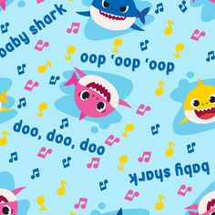 an image of baby shark and music notes on a blue background that is seamless