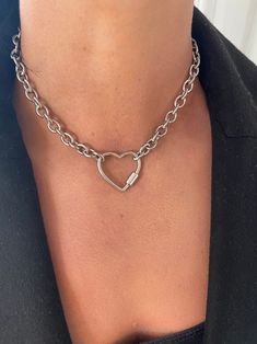 Silver Heart Chain Necklace Carabiner Heart Necklace Rock | Etsy Nigeria Necklace Carabiner, Heart Chain Necklace, Chunky Chain Necklace, Charm Choker Necklace, Beautiful Chokers, Chunky Chain Necklaces, Choker Pendant, Necklace Chunky, Heart Chain