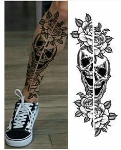 two different tattoos on one leg and the other with skulls, roses and leaves in them