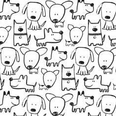 a black and white drawing of dogs with their faces drawn in different directions, all on one side