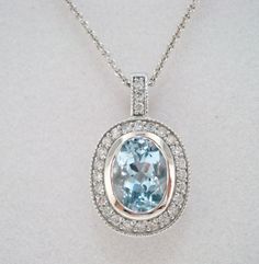 14K White Gold Oval Aquamarine & Diamonds Pendant by JewelryByGaro, $1400.00 Exquisite Oval Necklace With Single Cut Diamonds, Exquisite Oval Diamond Necklace Gift, Exquisite Oval Diamond Necklaces, Exquisite Oval Diamond Necklace For Gift, Luxury Platinum Oval Necklace, Luxury Oval Platinum Necklace, White Oval Halo Setting Necklace, Luxury Oval Platinum Necklaces, Oval Diamond Necklace With Accents For Anniversary