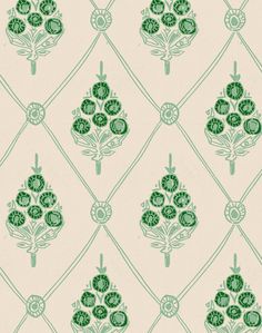 a green and white wallpaper with flowers on it's side, in an ornate pattern