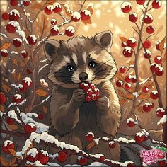 a painting of a raccoon eating berries in the snow