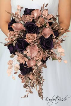 a bridal holding a bouquet of purple and pink flowers on her wedding day in front of a white background