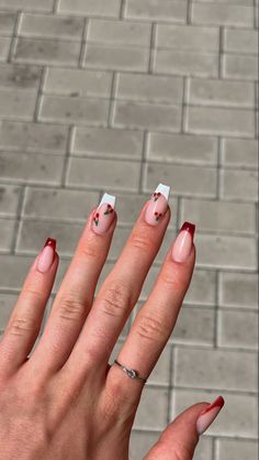 Cherry aesthetic nails french tips Girly Acrylic Nails, Classy Acrylic Nails, Coffin Shape Nails, Acrylic Nails Coffin Short, Fire Nails, Pretty Acrylic Nails, Best Acrylic Nails, Square Nails