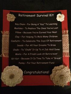 the retirement survival kit is displayed on a black background with red and white trimmings