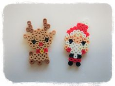 two pieces of bead art made to look like santa claus and rudolph the reindeer