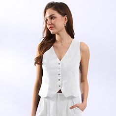 Tavimart Retro Linen Women'S Suits Women 2023 Blue Sleeveless Button Up Vest Tops + Wide Leg Pants Sets 2 Pieces Outfits Ensemble Femme Sleeveless Buttoned Sets For Summer, Sleeveless Summer Sets With Buttons, Fitted Sleeveless Sets With Buttons, Elegant Sleeveless Linen Set, Long Evening Dresses Elegant, 2 Pieces Outfits, Low Waisted Pants, Pieces Outfits, Chic Romper