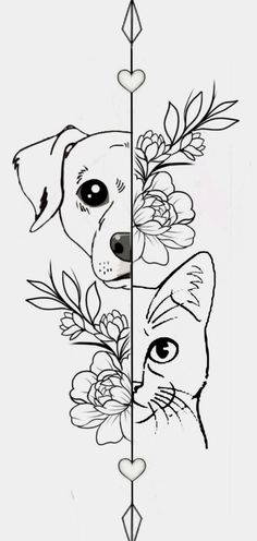 a drawing of a dog with flowers and an arrow