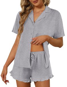 PRICES MAY VARY. 【High Quality Material】: The Super Soft Pajama Set is made for 95%Polyester5%Spandex. Ultra Soft Ekouaer Sleepwear, brings you more Breathble, Comfortable and Skin-Friendly Feeling 【Pajama Top】:Women's short sleeve pajamas set with solid color, sleepshirt hits at hip , turn-down collar, Full Button Design is easy to put on and take off 【Pajama Bottoms】:Two piece pajama set for women featuring classic casual loungewear set style, featuring short sleeve top and pants for relaxed f Boxer Shorts For Women, Bachelorette Gift Ideas, Bridal Sleepwear, Bachelorette Gift, Girls Day, Soft Pajamas, Cute Pajamas, Set Style, Bedroom Hotel