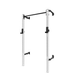 a white wall mounted power rack with two black bars on each side and one without