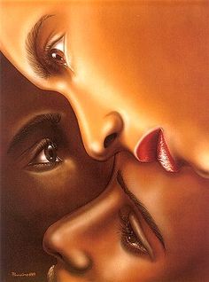 a painting of two women with their faces touching each other's foreheads and noses