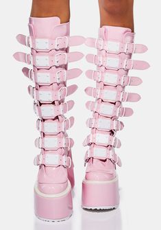 cuz you're from a different planet. These knee high platform boots have a holographic vegan leather construction, tons of adjustable buckle straps with metal plate details, and back zip closures. Trinity Boots, Pink Platform Boots, Shoes Platform Boots, Shoe Cupcakes, Pink Cowgirl Boots, Platform Creepers, Knee High Platform Boots, Alternative Shoes, Pink Holographic