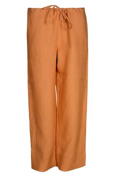 Lofty French linen shapes these lightweight lounge pants designed for all-day comfort with a roomy fit and drawstring waist. Drawstring waist 100% linen Machine wash, line dry Imported Orange Pants With Elastic Waistband For Loungewear, Orange Trousers For Loungewear, Orange Relaxed Fit Ankle Pants, Orange Bottoms With Elastic Waistband For Loungewear, Orange Relaxed Fit Ankle-length Pants, Relaxed Fit Orange Ankle-length Pants, Orange Relaxed Fit Pants With Elastic Waistband, Orange Bottoms With Elastic Waistband And Relaxed Fit, Orange Relaxed Fit Straight Leg Bottoms