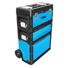 an image of a blue tool box on wheels