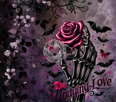 a skeleton hand holding a rose with bats and flowers around it, on a purple background