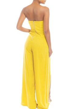 Mustard Linen Split Jumpsuit - Anew Couture Chic Summer Jumpsuits And Rompers With Back Zipper, Elegant Strapless Jumpsuits And Rompers For Going Out, Glamorous Strapless Jumpsuits And Rompers For Date Night, Strapless High Waist Jumpsuit For Date Night In Spring, Chic Spring Jumpsuits And Rompers With Zipper, Spring Strapless Jumpsuits And Rompers For Going Out, Strapless Jumpsuits And Rompers For Spring Going Out, Strapless Jumpsuits And Rompers For Summer Evenings, Chic Strapless Summer Pantsuit