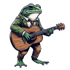 a frog with a guitar in his hand and wearing a frog suit, standing on one leg