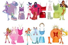 several different types of clothes and shoes for barbie dolls, as well as pictures of their outfits