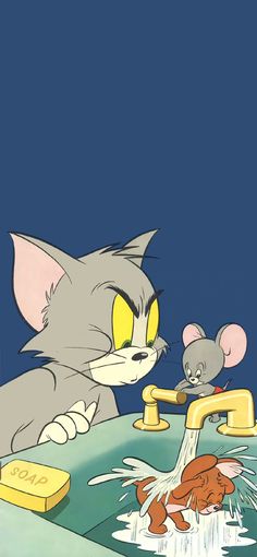 an image of a cartoon cat drinking water from a faucet with a mouse on it