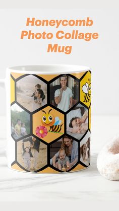 a honeycomb photo collage mug next to a donut