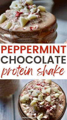 peppermint chocolate protein shake in a mason jar