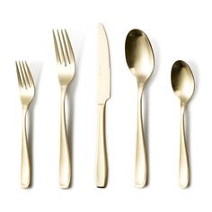 four forks, two spoons and one knife on a white surface