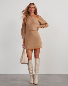 Take your seasonal knit dresses up a notch with the Dennis Mini Dress that features an off-the-shoulder neckline. Crafted from a fitted, ribbed knit fabric and with a cinching belt, this sweater dress looks epic with knee-high boots. Fitted Off the shoulder neckline Belted Ribbed knit fabric with contrast trim No closures or lining 35% Acrylic 35% Nylon 30% Wool Runs Large Brown Suede Dress Outfit, Suede Dress Outfit, Brown Suede Dress, Outfit Dump, Romantic Maxi Dress, Vici Dress, Cashmere Sweater Dress, Western Wear Dresses, Thanksgiving Dress