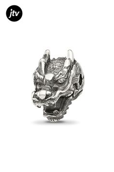 a silver dragon head ring on a white background