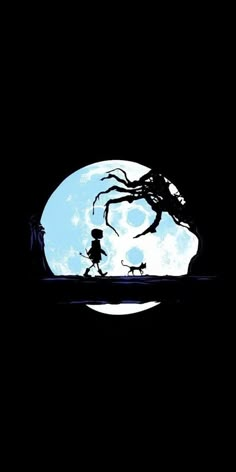 the silhouette of a person and dog walking in front of a full moon with trees