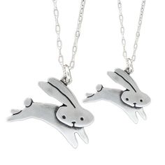 This cute set is a great gift for your friends with kids.. or for your pregnant friends who can wear them both together! They are made from sterling silver, the mom measures 3/4" high and the baby 1/2" high.  The "baby" hangs from a 16" silver-plated cable chain and the "mom" hangs from an 18" silver-plated cable chain.If you want two kids:https://www.etsy.com/listing/87244713/two-kids-famiy-necklaceTo see the "mother" necklace:https://www.etsy.com/listing/527507465/sterling-flying-bunny-necklac Playful Silver Jewelry For Friendship, Playful Silver Charm Necklaces, Playful Adjustable Silver Necklace, Adjustable Silver Necklace For Friendship, Sterling Silver Necklace For Friendship, Adjustable Hypoallergenic Sterling Silver Charm Necklace, Playful Adjustable Silver Charm Necklace, Handmade Sterling Silver Necklace For Friendship, Handmade Sterling Silver Friendship Necklace