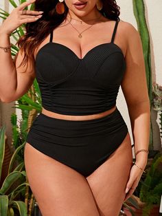 Negro  Collar   Liso  Embellished Estiramiento medio Modest Tankini, Conservative Fashion, Front Knot Dress, Plus Size Tankini, Womens Tankini, Swim Sets, High Waist Fashion, Cute Swimsuits, Swimsuit Set