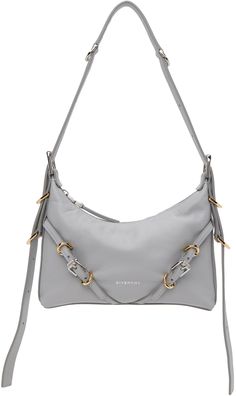 Grained calfskin shoulder bag in gray. · Adjustable and detachable shoulder strap · Silver-tone logo stamp at face · Adjustable pin-buckle straps at face · Zip closure · Canvas lining · Logo-engraved gold- and silver-tone hardware · H5.5 x W9 x D1.5 Supplier color: Light grey Gray Purse, Gray Aesthetic, Givenchy Women, Logo Stamp, Gold And Silver, Color Light, Light Gray, Givenchy, Calf Skin