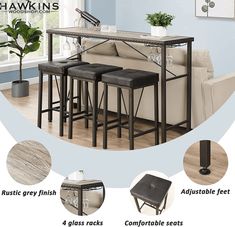 three stools and a table in front of a couch with the words hawkins on it