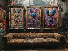 three paintings hang on the wall above a couch in front of an old sofa with tufted upholstered cushions