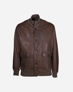 Stewart, New Orleans jacket. Bomber model, made of 100% brown leather. Lining in 100% cotton, inside sleeve in 100% viscose and padding in 100% polyester. Two patch pockets with flap and button, knitted collar, hem and cuffs. Front button closure. Size XL. SHOULDER: 19,11 NCH BUST: 23,01 INCH SLEEVE: 24,96 INCH LENGTH: 29,25 INCH NOTE: Our company has a specialization in selling vintage and second-hand clothing and accessories. All the garments are carefully selected and offered for sale in exce Business Brown Leather Jacket With Flap Pockets, Brown Leather Jacket With Flap Pockets For Business, Classic Brown Biker Jacket With Button Closure, Rugged Leather Jacket With Button Closure For Work, Brown Stand Collar Outerwear For Work, Brown Stand Collar Blazer For Winter, Casual Leather Outerwear With Padded Collar, Brown Long Sleeve Outerwear With Flap Pockets, Brown Winter Blazer With Stand Collar