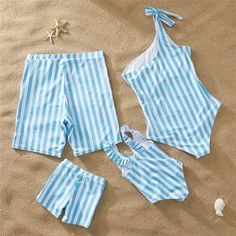 Blue Stripes Family Matching Swimsuit - Cara Mia Kids Family Bathing Suits, Family Clothes, Unique Bikinis, Mermaid Outfit, Matching Swimwear, Swimming Costume, Swimsuit Set, Making Waves, Mens Swim Trunks