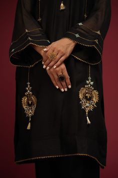 Crescent (Three Piece) – Zaaviay Global Designer Gold Kaftan With Dabka Work, Elegant Gold Kaftan For Diwali, Black Kaftan With Dupatta, Elegant Diwali Kaftan With Sheer Dupatta, Elegant Kaftan With Sheer Dupatta For Diwali, Long Sleeve Chanderi Kaftan With Dabka Work, Designer Long Sleeve Kaftan With Dupatta, Black Traditional Drape Kaftan For Festive Occasions, Elegant Tunic Set With Dupatta