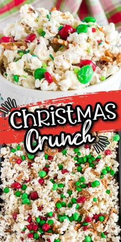 christmas crunch popcorn in a white bowl with green and red sprinkles