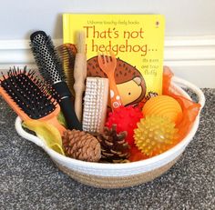 a basket filled with lots of different types of hairbrushes and combs next to a book