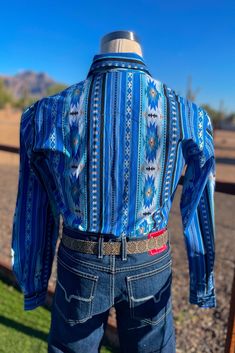 Light blue Aztec makes for an icy combination! Fit - True To Size Cut - Athletic Model is a size Large wearing a Large Brand - Western Wits Fabric - Cotton Designed by an American Small Business Made in the USA Athletic Models, Button Downs, Denim Jacket, Light Blue, Blue, Fabric, How To Wear