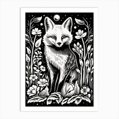 a black and white drawing of a fox surrounded by flowers