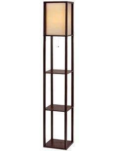 a tall wooden shelf with a light on it's top and two shelves below