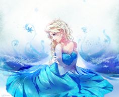 a woman in a blue dress sitting on top of a body of water with snow flakes around her