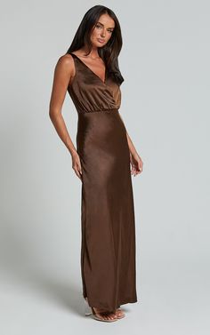 Melodie Midi Dress - V Neck Satin Slip Dress in Chocolate | Showpo USA Brown Fitted V-neck Slip Dress, Brown Silk V-neck Dress, Elegant Satin Dress For Date Night, V-neck Satin Maxi Dress, Formal Slip Dress With Satin Lining, Brown Satin Maxi Dress For Evening, V-neck Satin Finish Maxi Dress, Elegant Brown Satin Maxi Dress, Elegant Satin V-neck Bridesmaid Dress