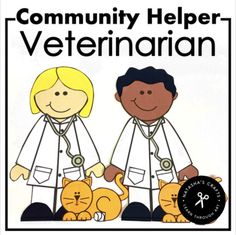 a book cover for community helper - veterinarian with two children and cats