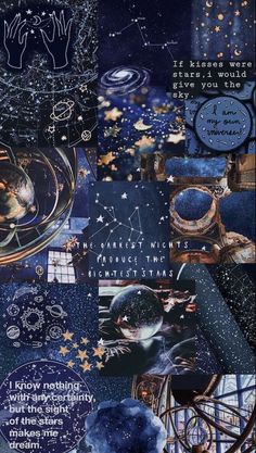 a collage of images with stars, planets and other things in them that are blue