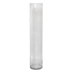 a tall clear glass vase on a white background